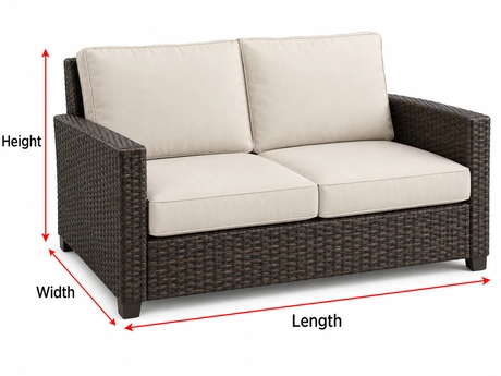 Patio sofa with measurement arrows for overall length, width, and height