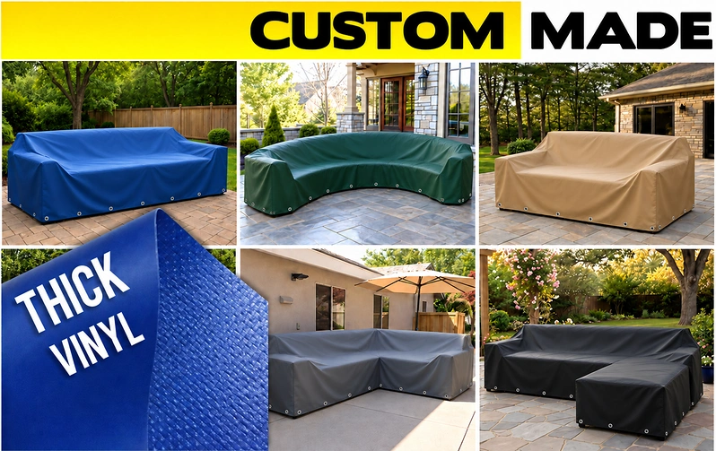 Custom made vinyl covers on a sofa, a curved sectional, a loveseat and L-shaped sectionals, with a close-up of thick vinyl