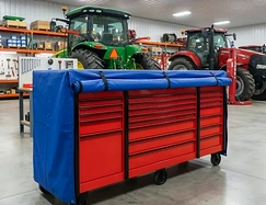 Blue vinyl cover over a red rolling tool chest in a farm equipment shop